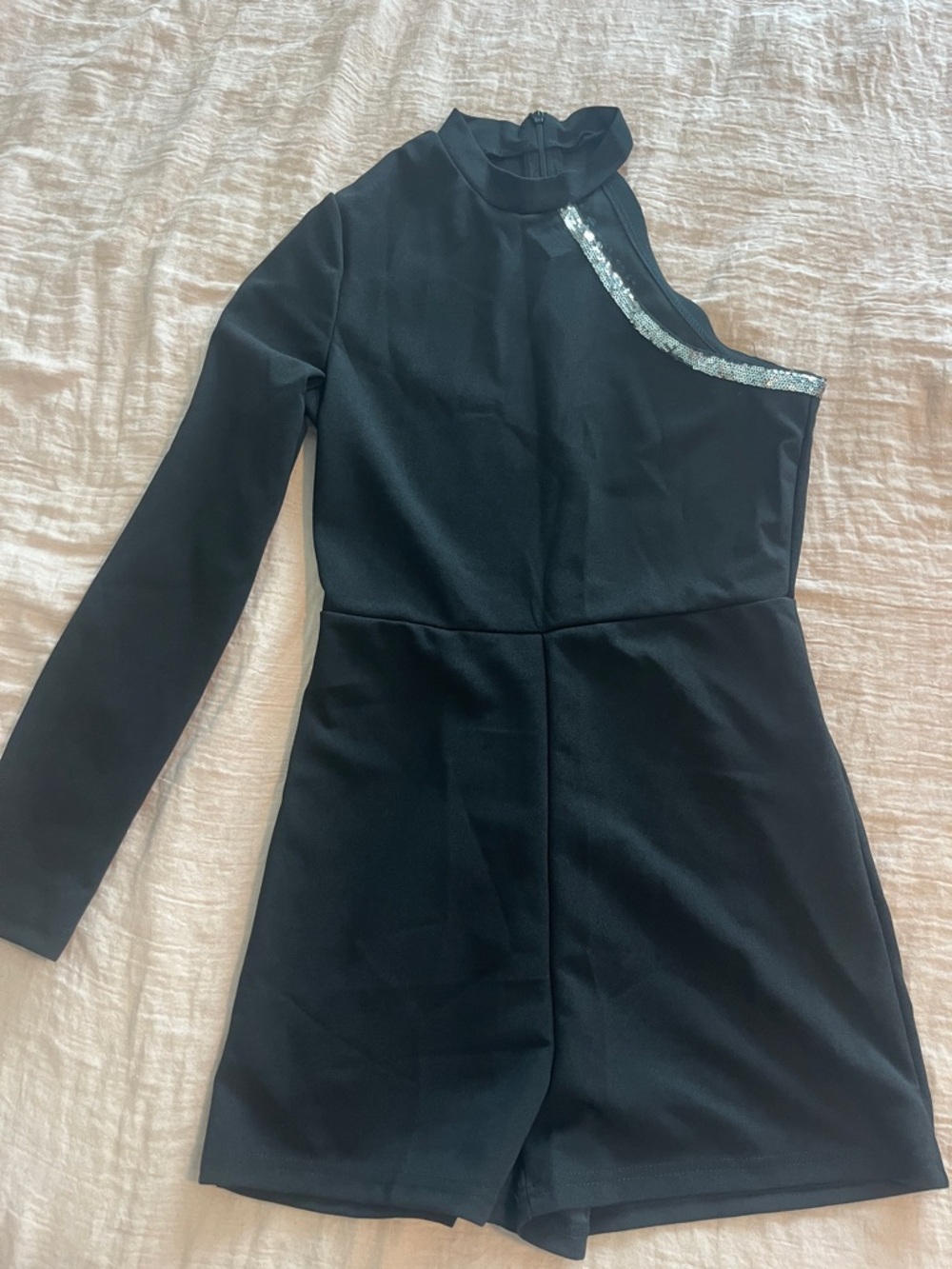 SHEIN Black One-Shoulder Long-Sleeve Sequin-Trim Romper
